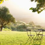 Empty table on green grass